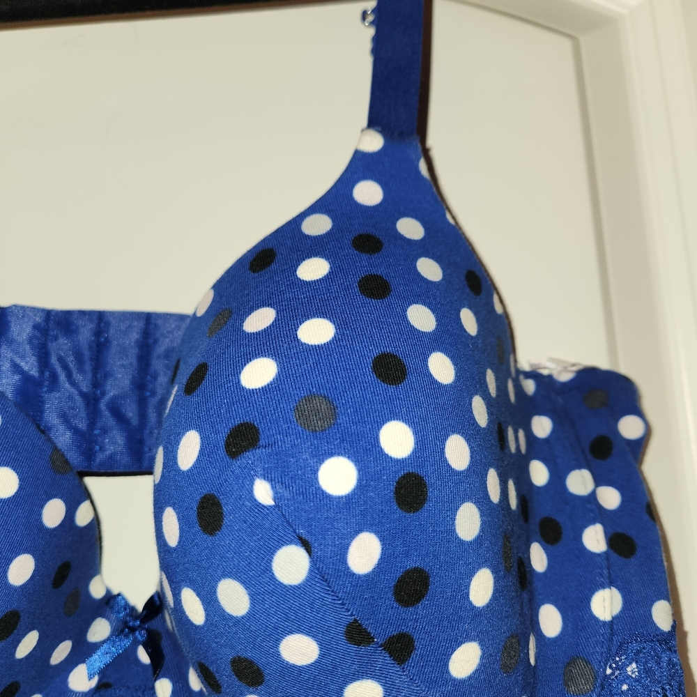 NWT Ambrielle Size 38D Blue/Black/White Polka Dot Underwire Bra Lace Organic - Picture 4 of 10